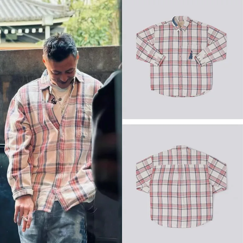 Madness Wu Wenzhong Washed out Patchwork Plaid Long Sleeve Denim Shirt Jacket Youth Autumn Thick Cotton Blend Japanese Retro