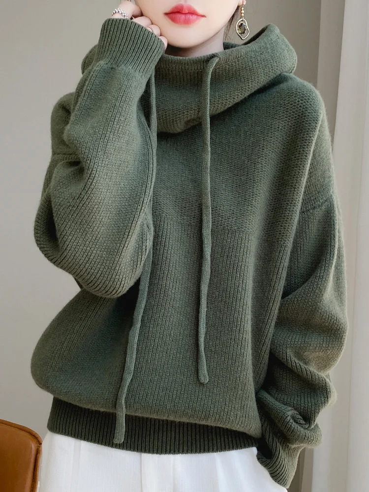 100% Australia Wool Women\'s Hooded Sweater Long Sleeve Pullovers New Arrivals Knitted Jumper Cashmere New In Sweatshirts Fashion