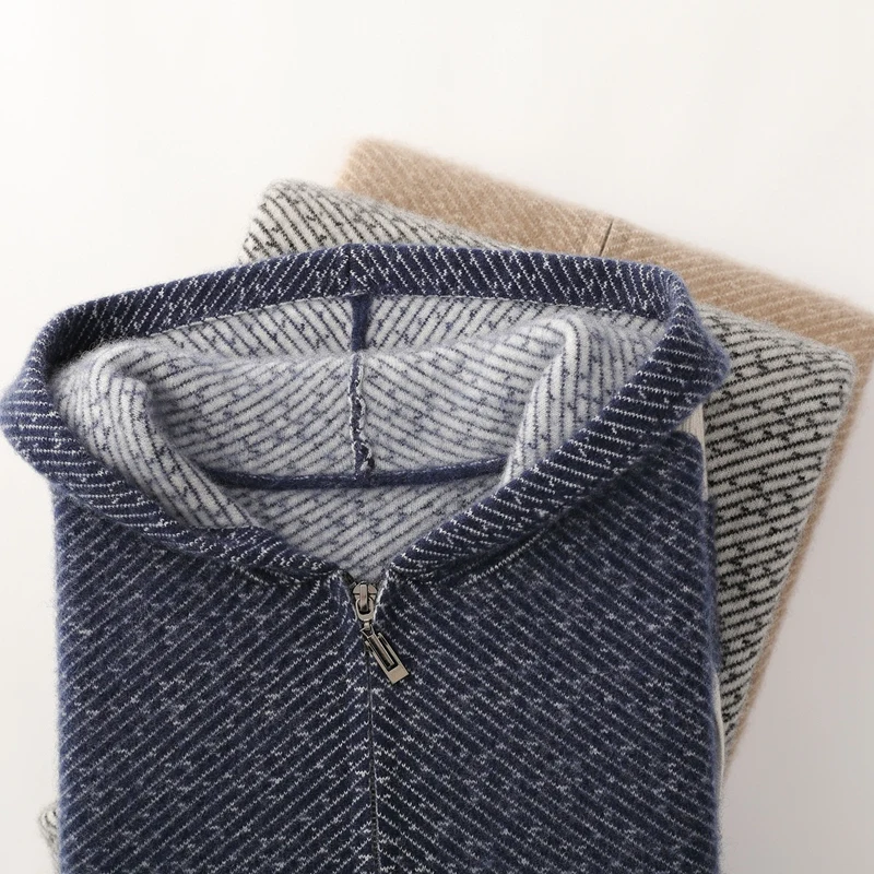 

Chic Men 100% Wool Sweater Hoodie Pants Suit Autumn Winter Thick Warm Knitwear Cardigan Trousers Smart Casual Jacquard Wool Suit