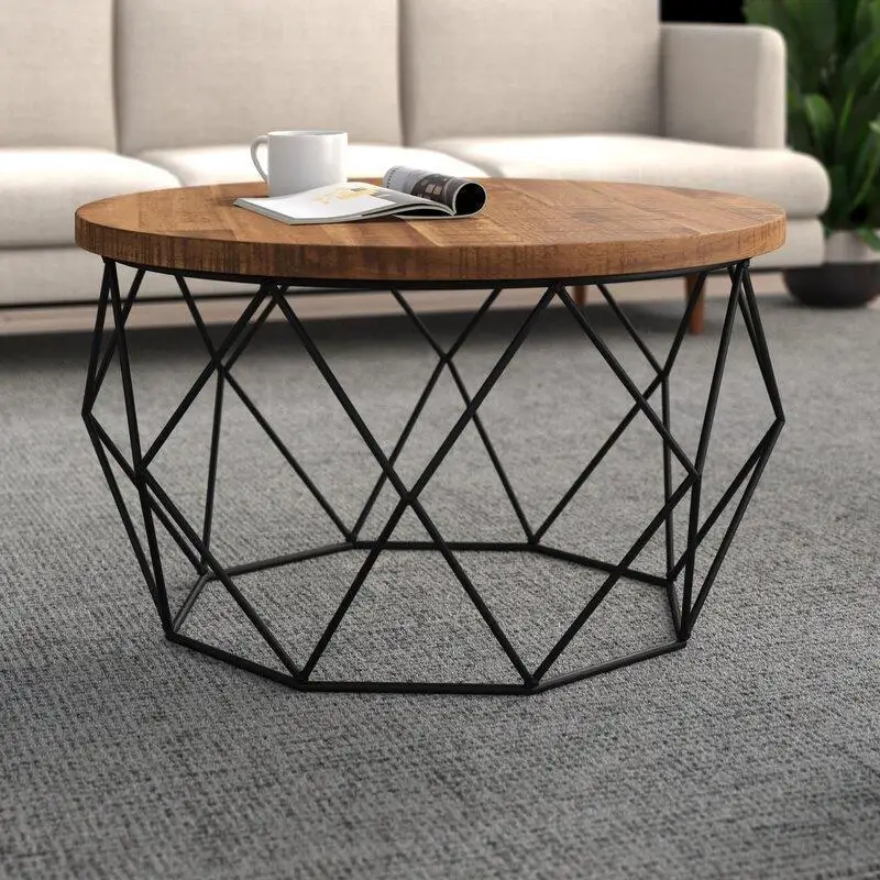 American retro round coffee table, solid wood, iron craft style, tea table, old creative small apartment tea table, home low tab