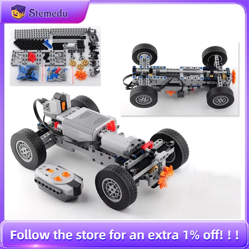 Chassi de carros rc elétrico, blocos de construção técnicos com tração nas quatro rodas, função de energia, motor ir, controle remoto, receptor, tijolos moc