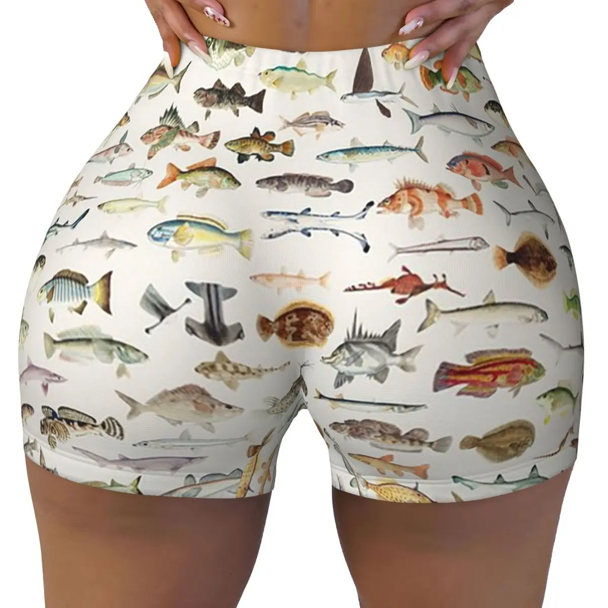 Shorts de ioga com gráfico de peixes personalizado, mulheres, academia, treino, corrida, atlético, vôlei, motociclista