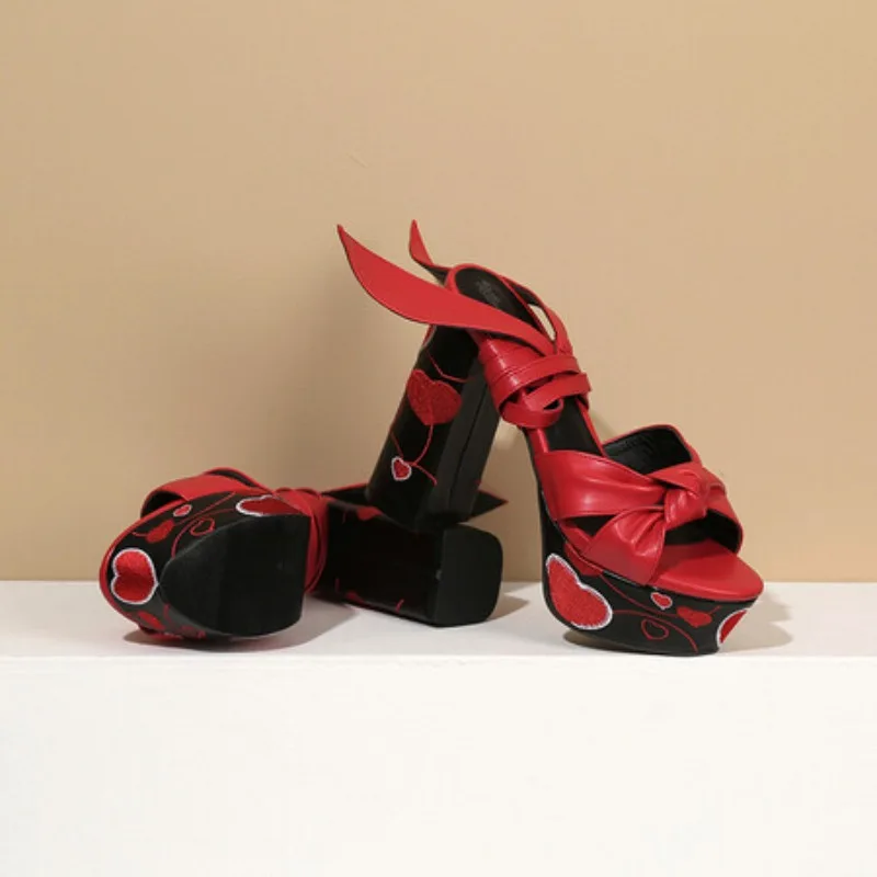 Women's Embroidery Lace up Sandals Platform Chunky Heels Shoes Summer Peep Toe Ankle Strap Party Shoes Sandalia Feminina view 5
