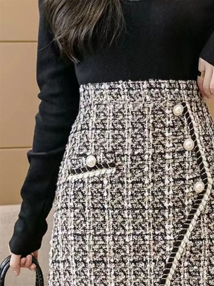 

Юбка А-силуэта с высокой талией и крупным цветочным узором в корейском стиле для осени/зимы, в клетку, с эффектом похудения, асимметричного кроя