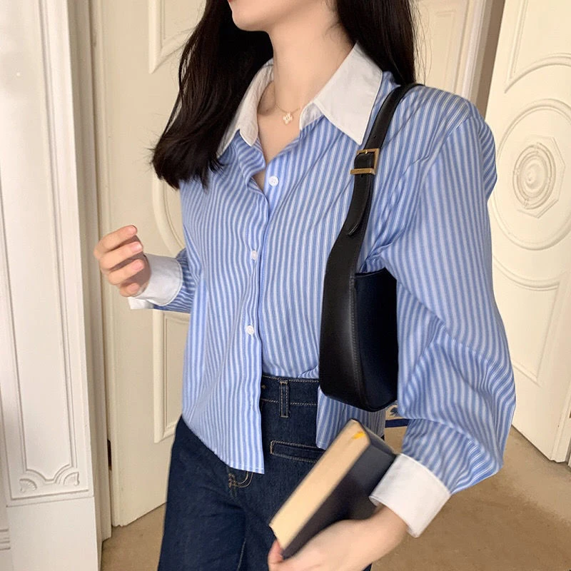 Vintage Korean Striped Shirt Women Casual Loose Long Sleeve Patchwork Blouse Autumn Design Female Simple Turn Down Collar Tops