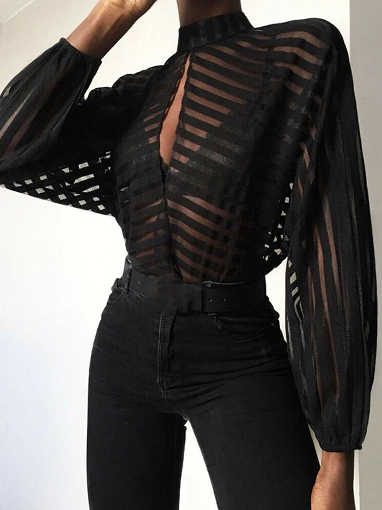 Sexy Black Women Mesh Sheer Blouses Ladies Long Sleeve Striped Front Hollow Out Transparent Shirts Blusas Mujer Camisas