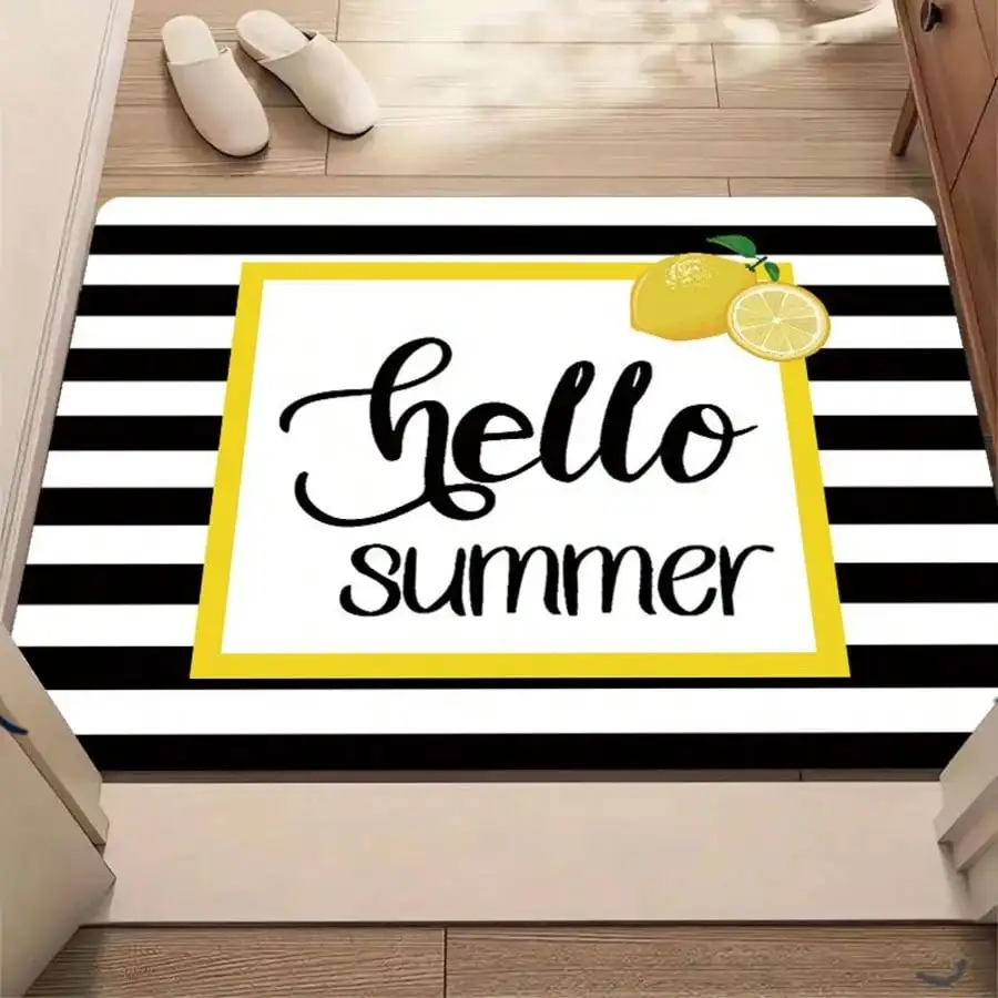 1pc Black & White Striped Lemon Summer Doormat, Fresh Coastal Style, High-Quality Flannel Fabric, Rectangular Welcome Mat, Stain-Resistant & Quick-Drying