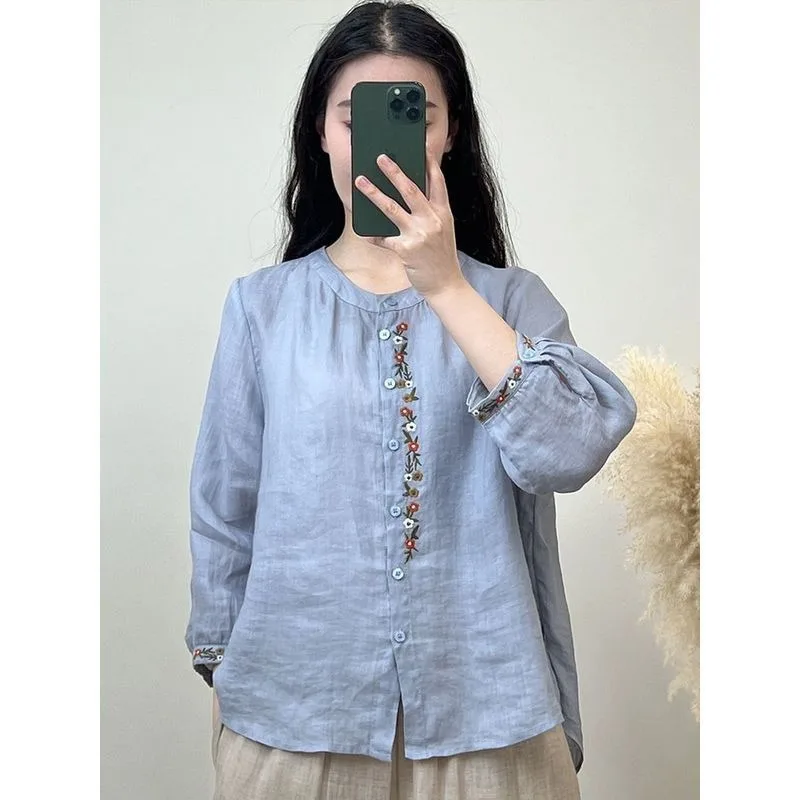 

Spring Summer 2026 New Cotton Linen Embroidered Large Size Shirt Women's plus Size Breathable Long Sleeve round Neck Top