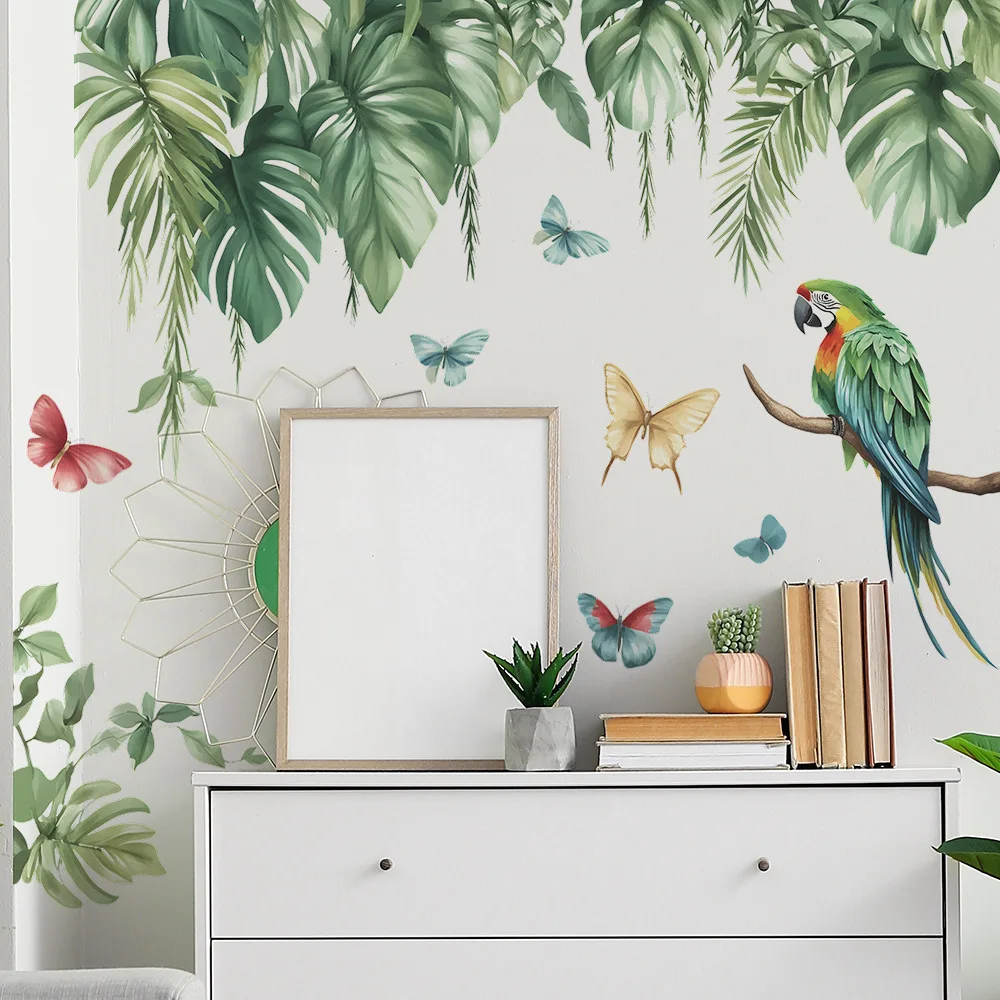 Palm Leaf Green Plant Parrot Butterfly Wall Sticker Tropical Plant Leaves Decals for Living Room Bedroom Home Wall Decoration