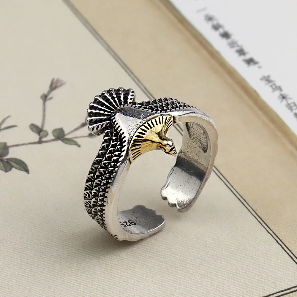 LIVVY Silver Color New Style Eagle Wings Geometry Adjustable Ring For Woman Man INS Personality Jewelry Gifts