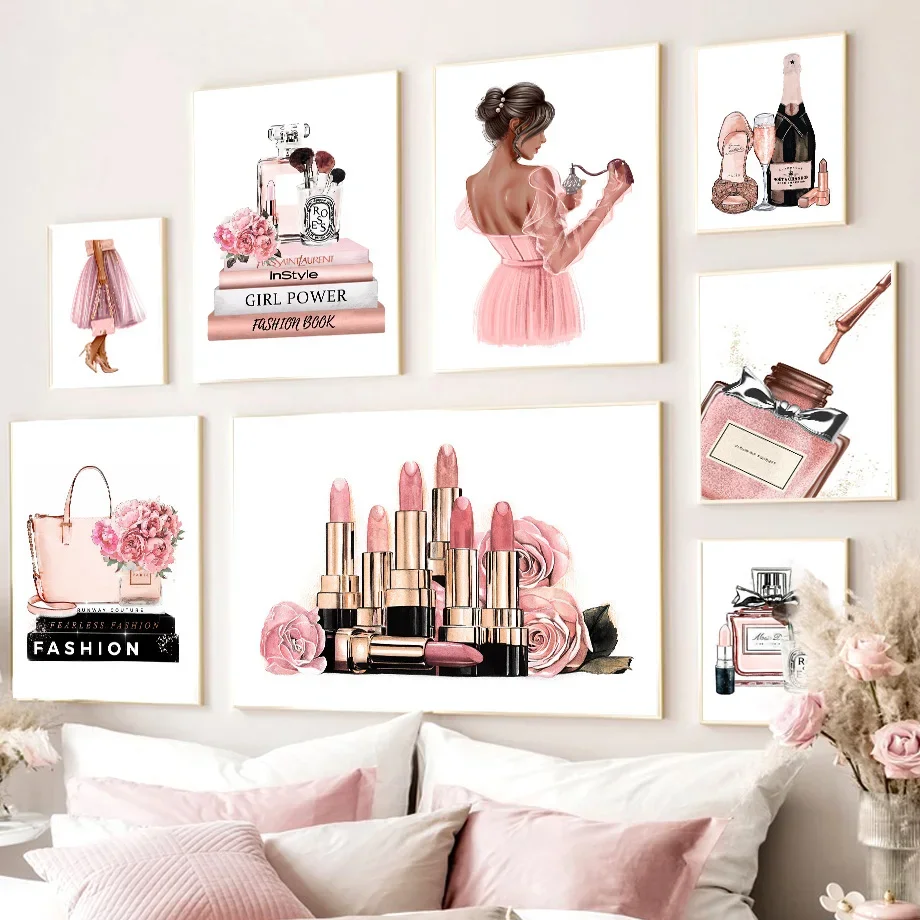 1PC Frameless  Flower Perfume Lipstick Book Fashion Makeup Wall Art Aesthetics Print Canvas Painting Posters for Living Room Mod