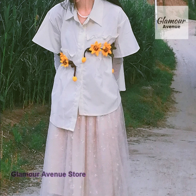 

Large-size loose French daisy-tied short-sleeved shirt women's summer new fashion exotic niche asymmetric casual design chic top