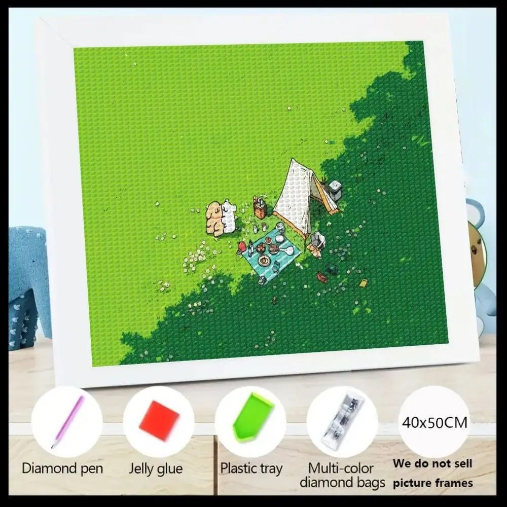 1PC 40x50CM ホワイトフレーム グリーンの草の風景 DIY 5D ダイヤモンドペインティング テントとキャラクター付き、ダイヤモンドペン、ジェル接着剤が付属
