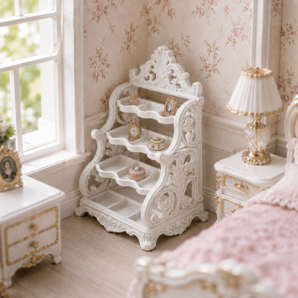Miniature Carved Shelves, Four-Layer Compartmentalized Storage Rack, Dollhouse Entrance Furniture Decorative Accessories. view 6