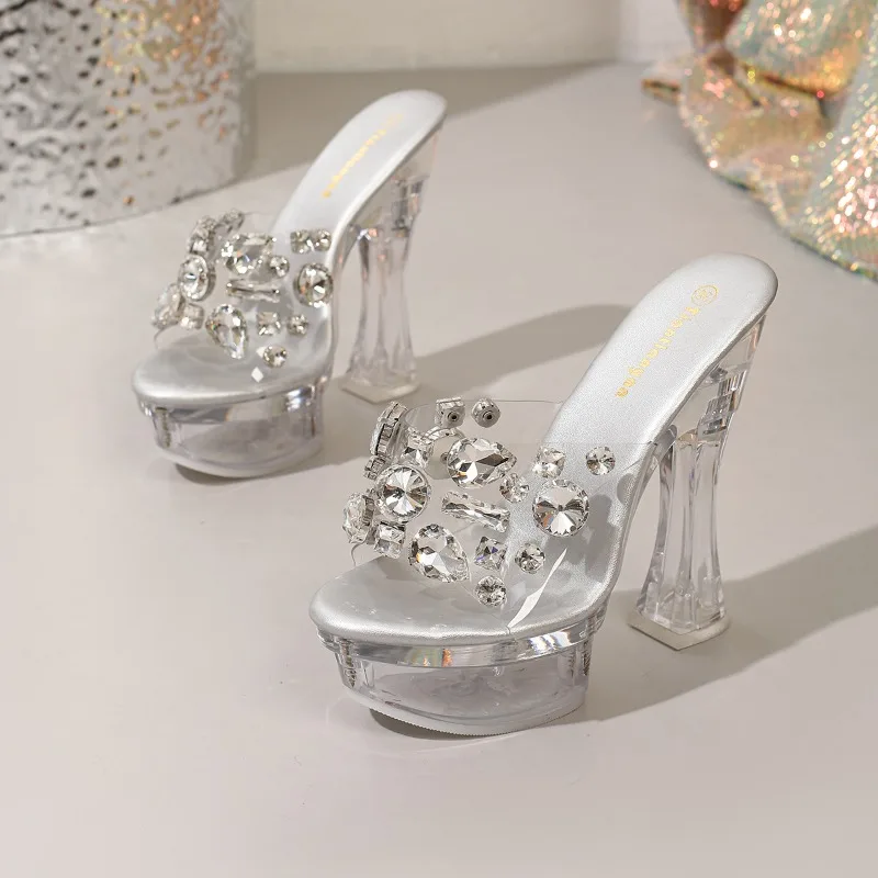 Fashion Platform Block Heel Women Mules Clear PVC Rhinestone Transparent Thick Block Heel Slip‑on Evening Party Women's Slippers