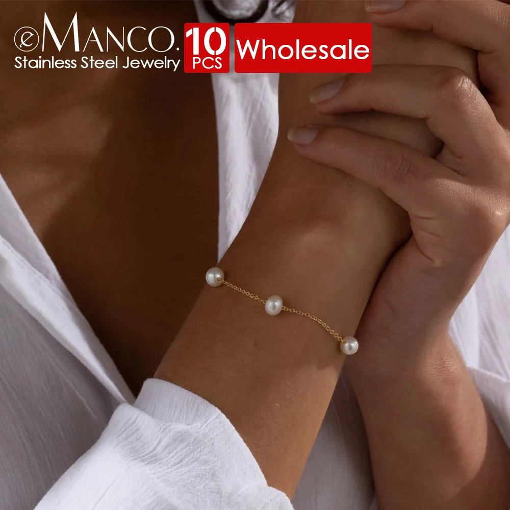 

eManco 10PCS New Trend Delicate Fashion Stainless Steel Single Layer Freshwater Pearl Bracelet Adjustable Summer Accessories