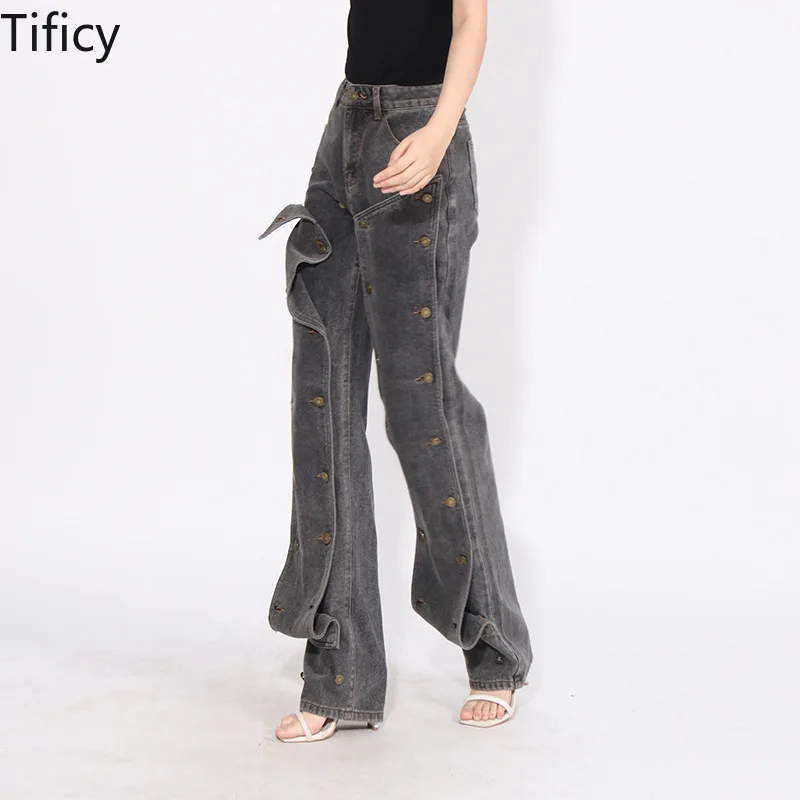 

American Retro High Street Wide-leg Denim Pants Women's Spring New Personality Design Sense Stitched Button High-waisted Jeans