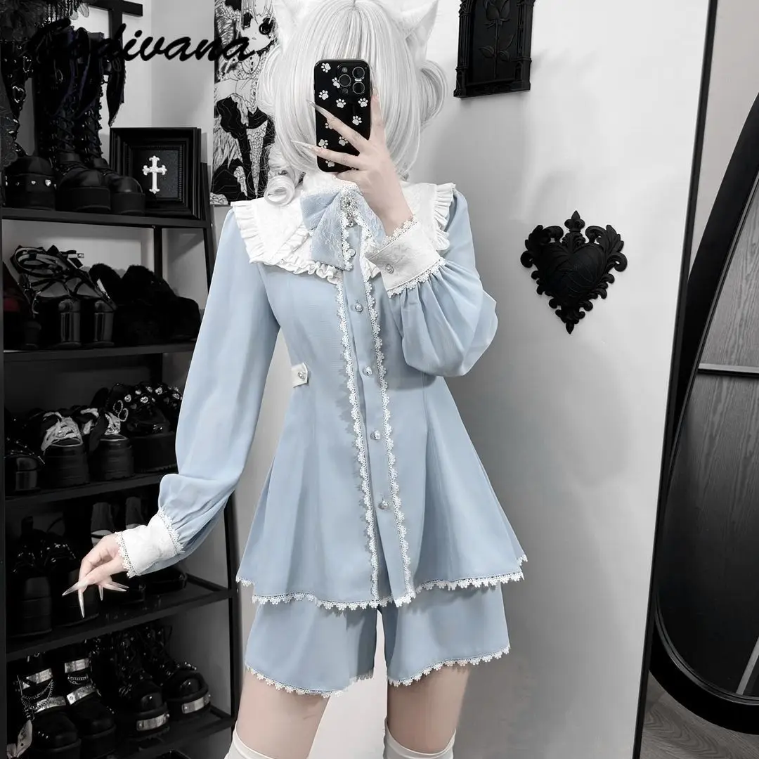 

Original New Spring Subculture Water Color Long Sleeve Lolita Shirt Top and Shorts Two Piece Set Girl Women's Shorts Set Outfits