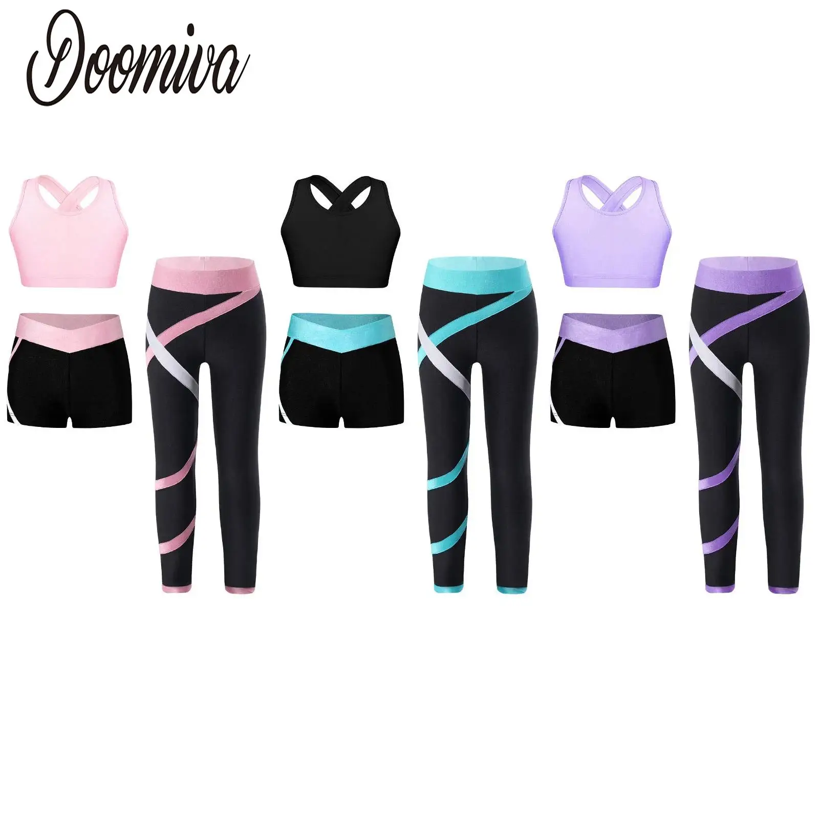 

Girls Sports Skating Dance Outfit Rhythmic Dancer Set Cropped Vest Bra with Contrast Color Pants Shorts for Running Workout