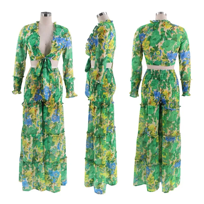 Floral Printing 2 Piece Sets Womens Outfits Elegant Lace-up Crop Top and Loose Wide Leg Pants Festival Bohemia Matching Sets