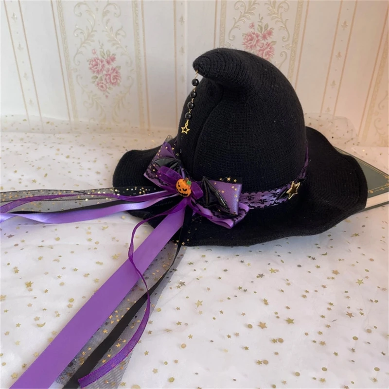 Knittng Witch Hat for Halloween Party Decorations Large Bowknot Wizard