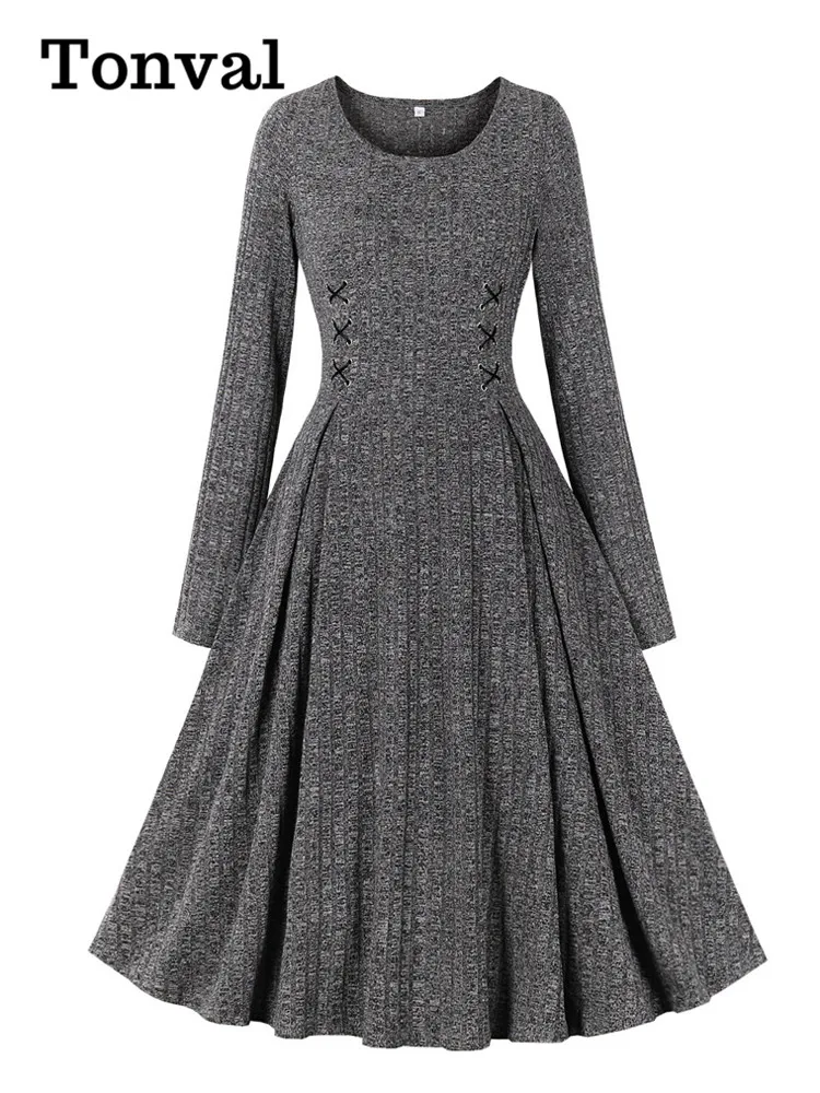 Tonval O-Neck Long Sleeve Fall Knitted Dresses Women Grey Solid Lace-Up High Waist Pleated Vintage Winter Swing Dress