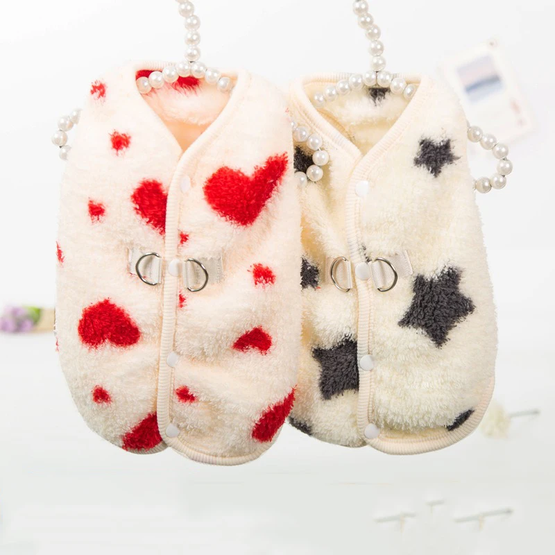 Button-Up Dog Vest & Winter Pet Cat Clothes, Double-Sided Fleece Heart Pattern Sleeveless Jacket for Bichon & Yorkie