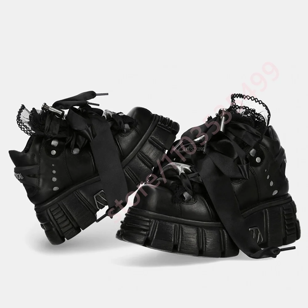 Black Platform Punk Rock Motorcycle Boots New 2026 Round Toe Street Lace-Up Studded Boot Fashion Women's Party Casual Ankle Boot