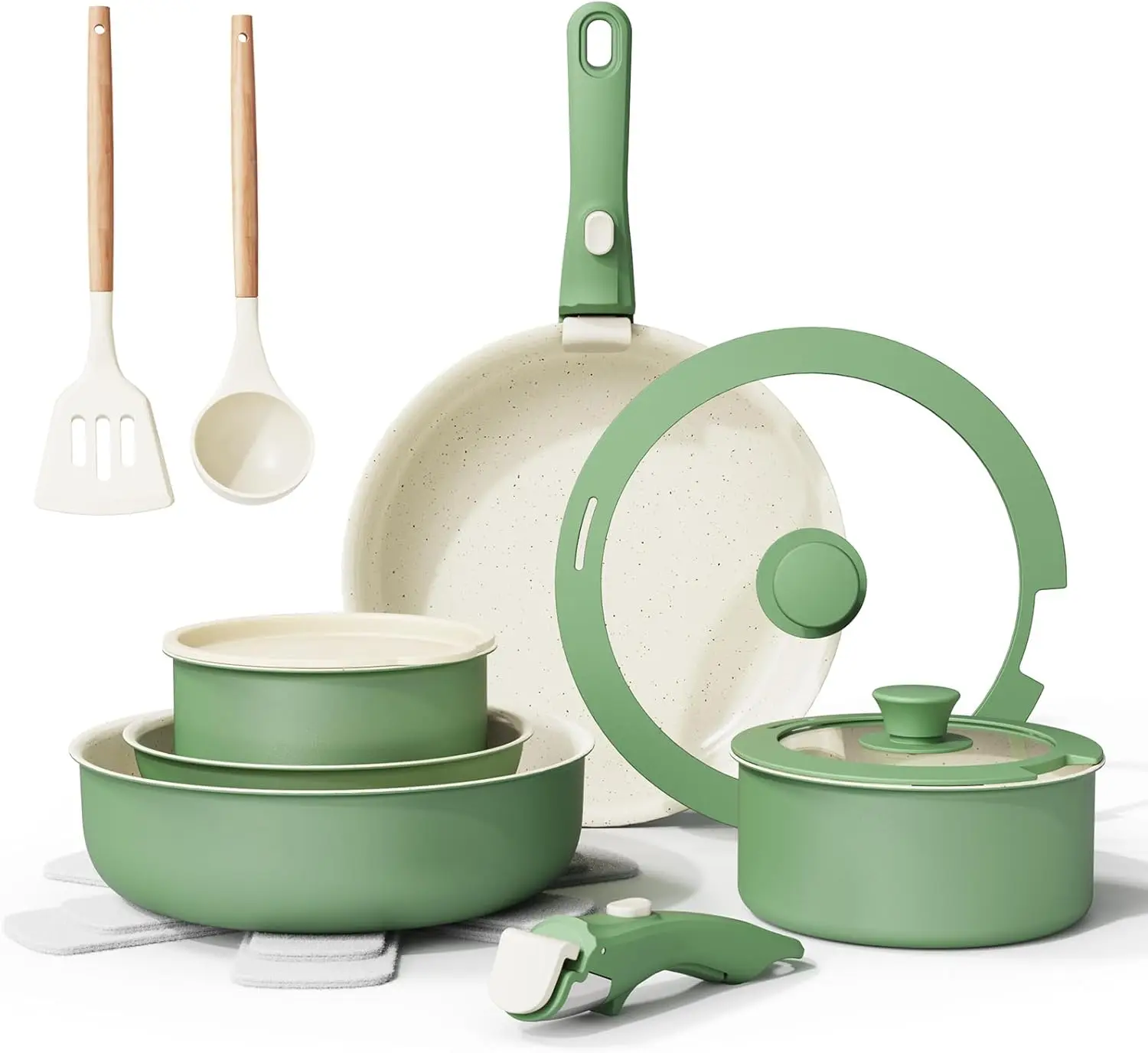 

Healthy Ceramic Nonstick Cookware Set, 17-Pieces with Removable Handles, Induction Safe, Dishwasher/Oven Friendly