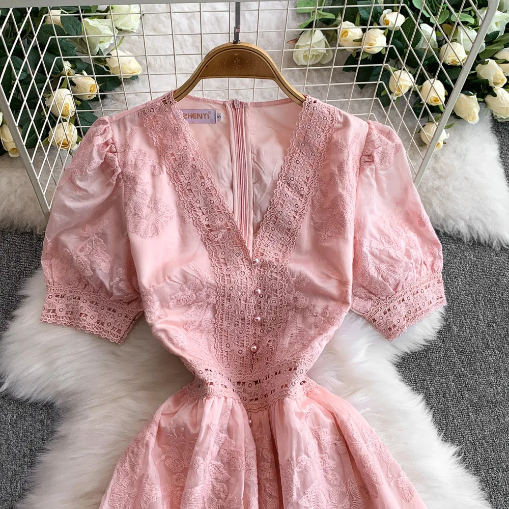 UNI 夏秋ホリデー中空フラワー刺繍レースイブニングプロムドレス女性半袖ミディロングパーティー Vestidos