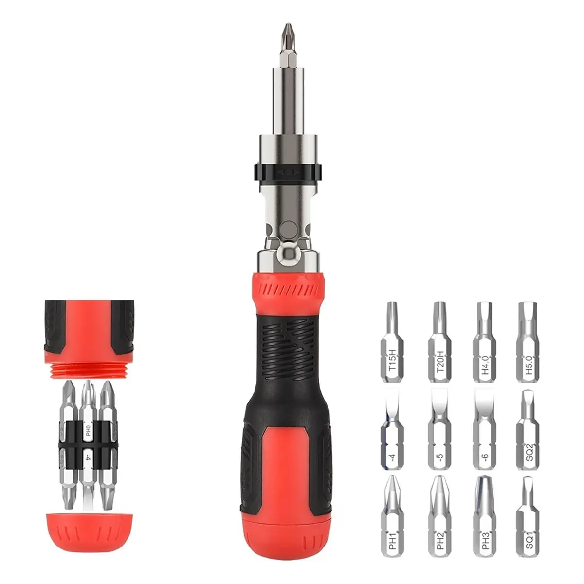 13-in-1 Multi-Bit Screwdriver Set Adjustable Magnetic Ratchet with 180° Pivot 12 Bits Cushion Grip Handle for Home DIY