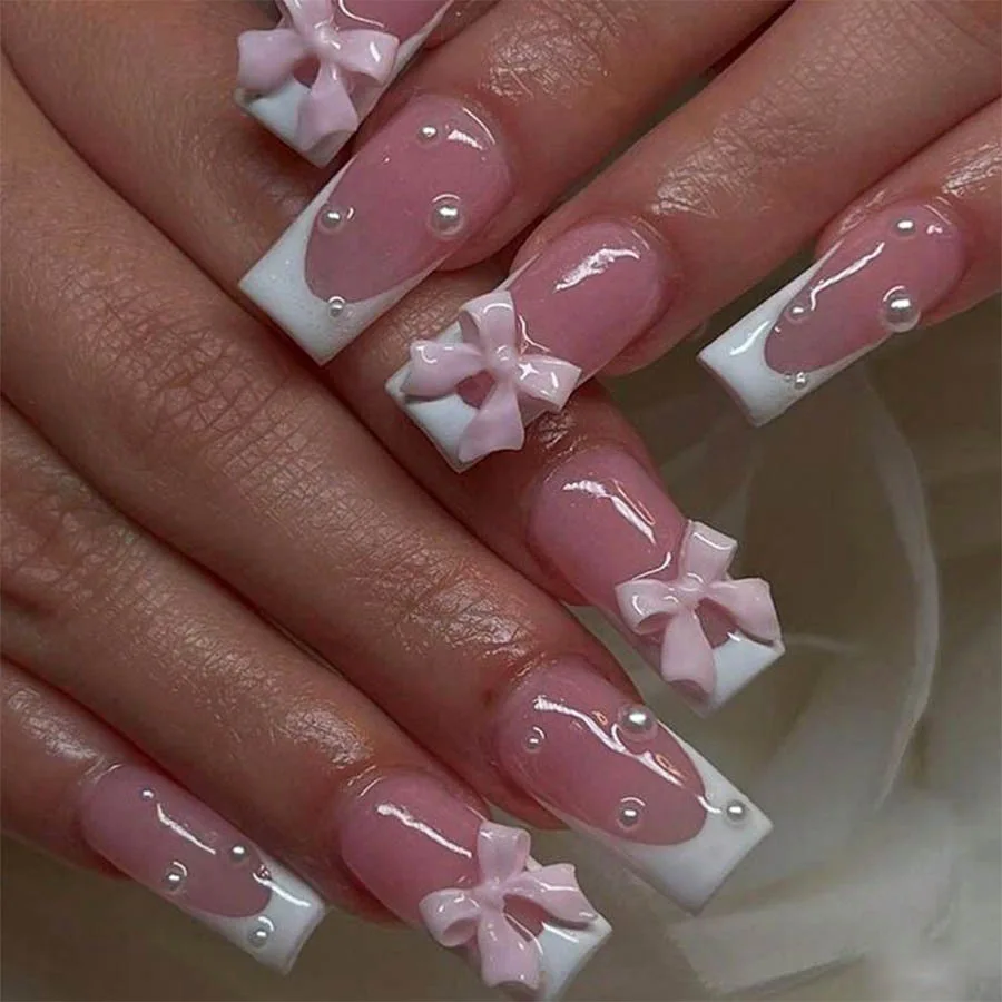 

24PCS Press on Nails 3D White Pearl Pink Bow Wearing Nail White French Style European Style Nail Patch Fake Nail Tips