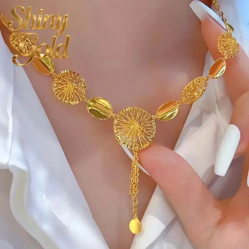 ShinyGold9999 24K real gold passionate necklace hollowed fringe one set chain feminine quality light luxury style high sense nec