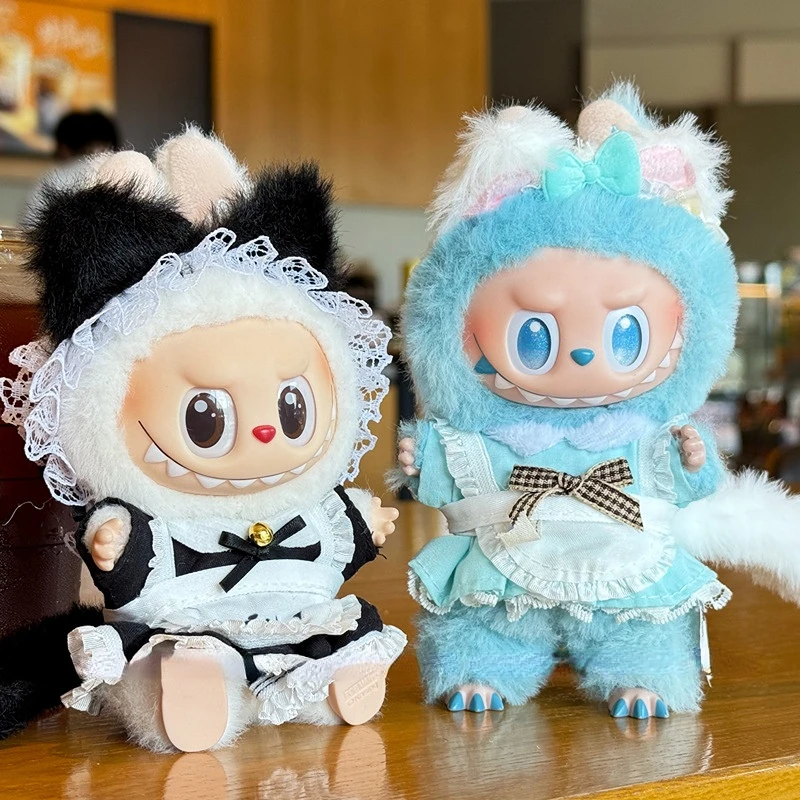 15/17 cm carino Labubu 1a-3a generazione bambola adorabile vestito da cameriera sexy grembiuli multicolori dettagli in pizzo fasce per orecchie di gatto con code di peluche