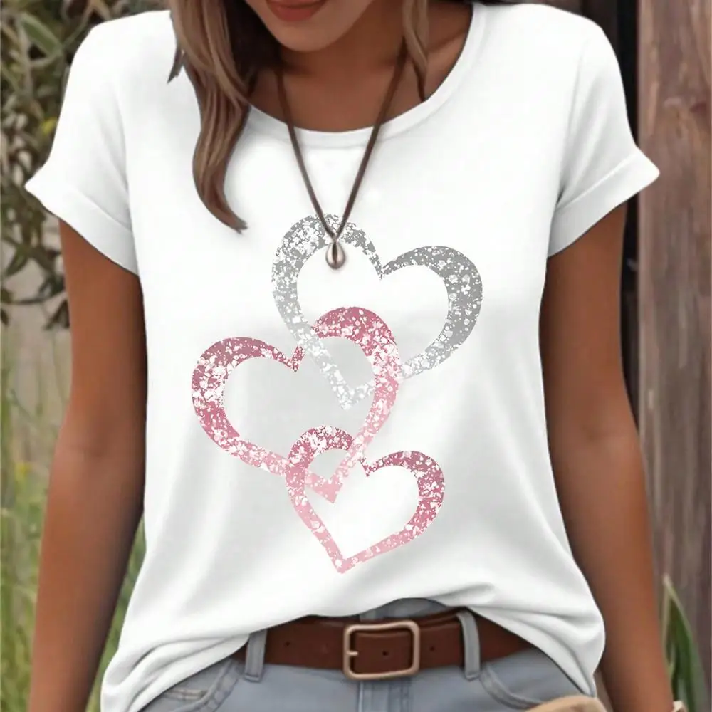 Plus-Size Women s Heart-Print Crew Neck Short-Sleeved Casual T-Shirt, Suitable For Summer Graphic T-Shirts, Women s Tops.