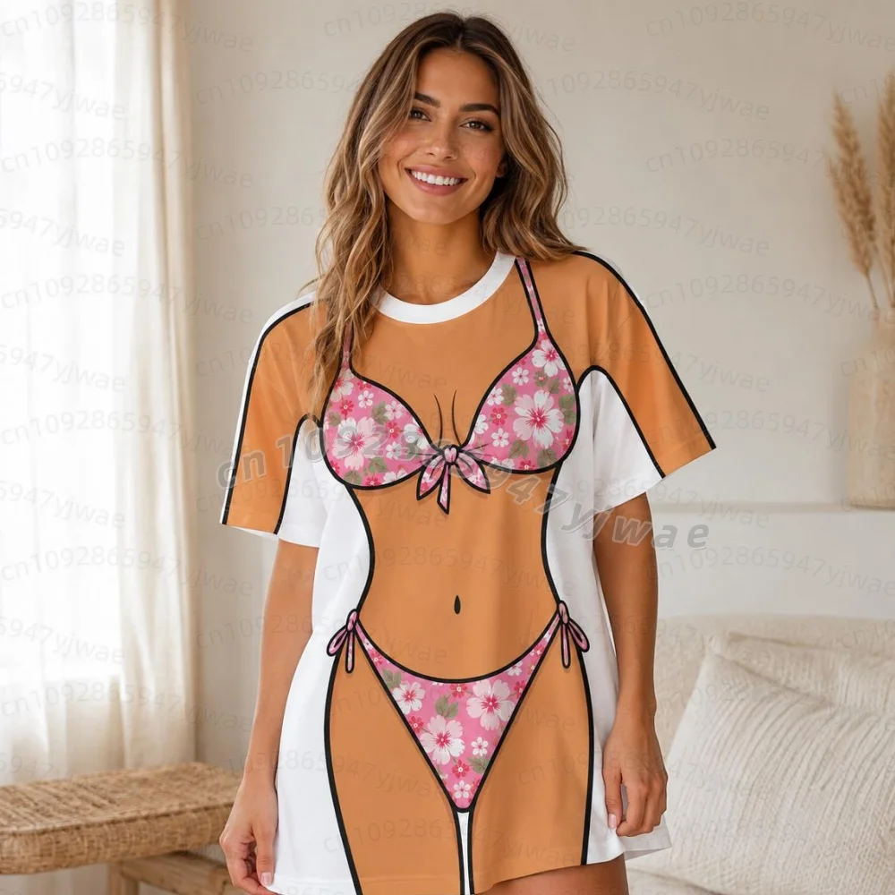 26 Summer Women T-Shirt Dress 3D Bikini Body Print T-shirt Dress O-Neck Lady Short Sleeve Pullover Dresses Women pajamas DRESS