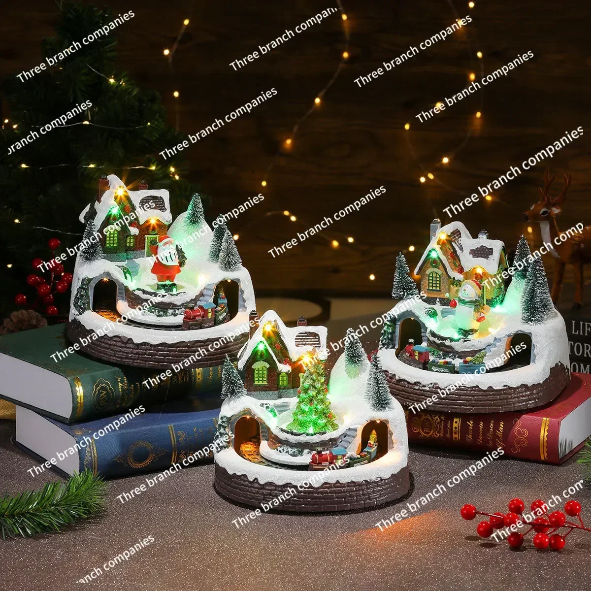 

New Christmas Luminous with Music Rotating Small Train Resin Ornament,