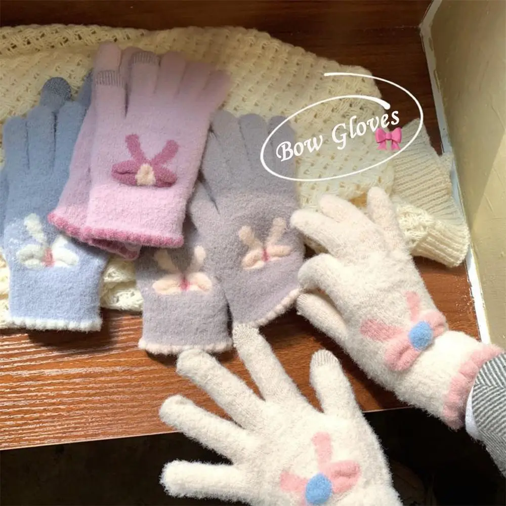 Elastic Thicken Warmth Women Knitted Gloves Bowknot Touch Screen Winter Gloves Soft Windproof Warm Mittens