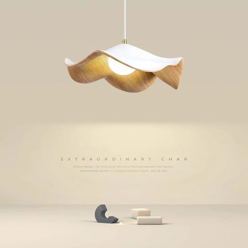 LED Wood Grain Lotus Leaf Pendant Light G9 Warm Light Chandelier Resin Flower Pendant Lamp Restaurant Bar Bedroom Home Decor