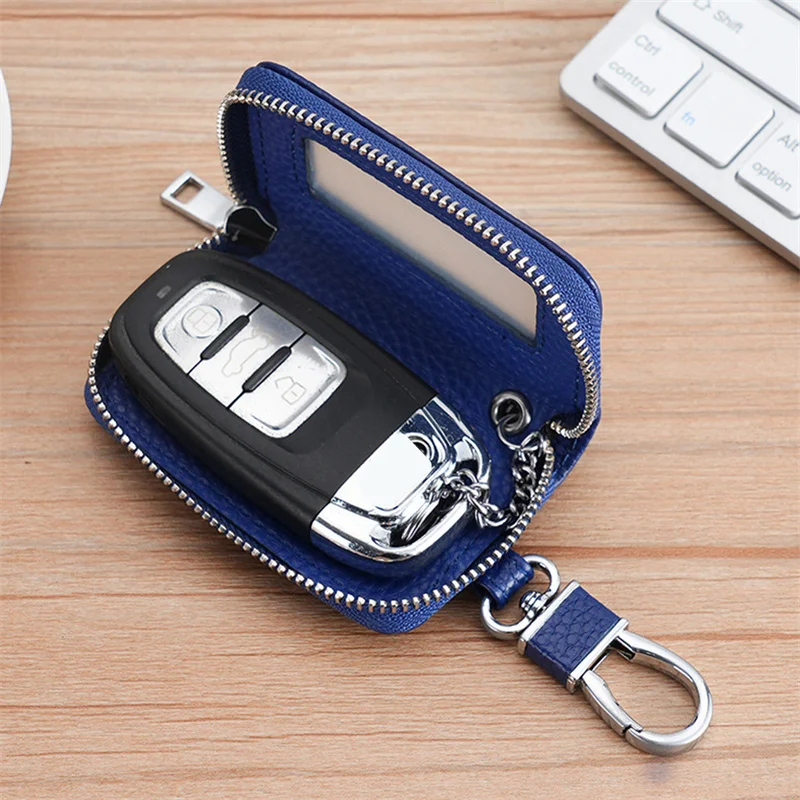 Visual Mirror Window Car Key Protector Bag Leather Key Holder Mini Auto Key Pocket Case Retro Keyring Wallet Zipper Bag