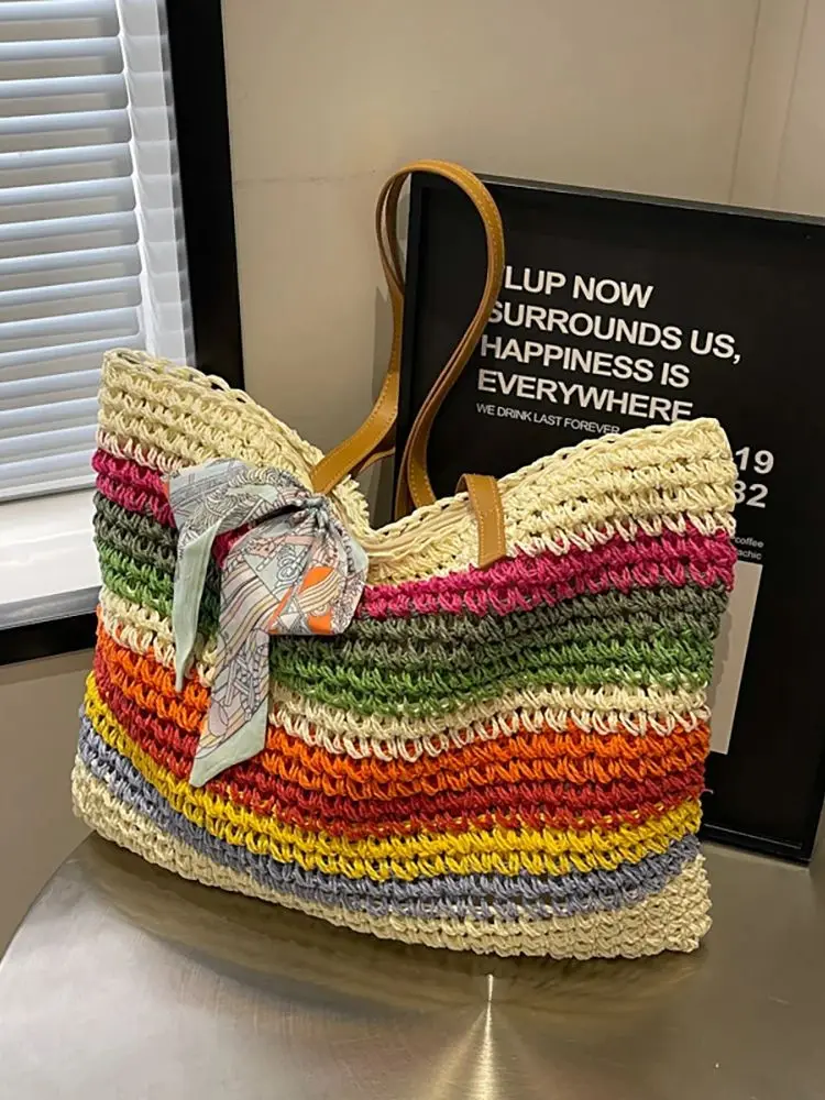 Woven Straw  Beach Bags for Women Summer 2024 New Large Capacity Holiday Travel Outdoor Bag Striped Single Shoulder Tote Bag