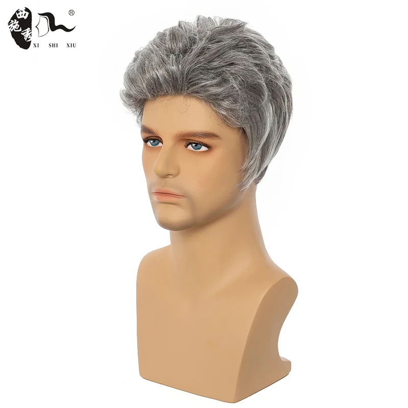 Short Mixed Grey Male Synthetic Straight Wavy Wig For Men Hair Fleeciness Realistic Natural Grey Toupee Heat Resistant Men's Wig