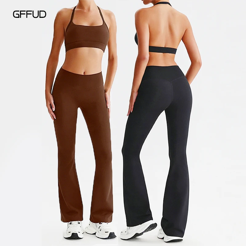 

Women Yoga Set 2 Piece Shockproof Sports Bra Halter Backless Vest High Waist Flare Yoga Pants Bell Bottom Gym Activewear