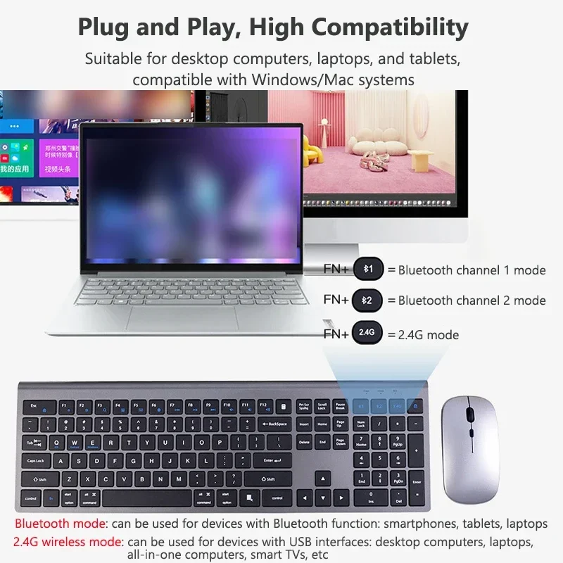 2.4G Wireless Keyboard and Mouse Three-mode Bluetooth Keyboard Mouse Set Multi-Device Rechargeable Keyboards for Computer Phone