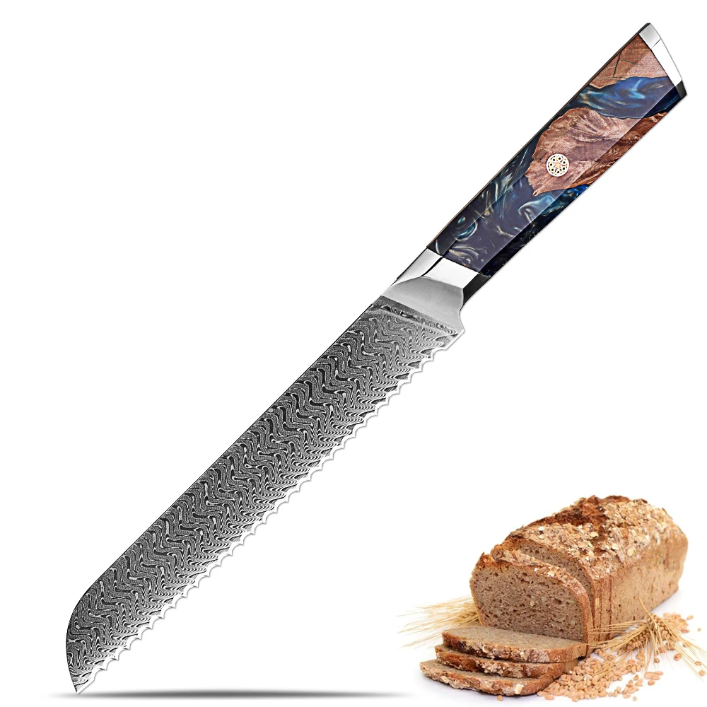 

Нож для хлеба зубчатый, 8 дюймов, с лезвием из дамасской стали, для хлеба, бейглов и выпечки, ультраострое лезвие, идеально подходит для домашних поваров и профессиональных пекарей