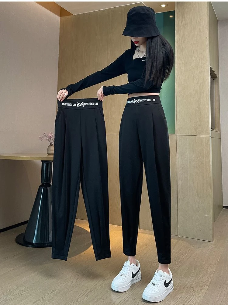 

Женские повседневные брюки-шаровары с высокой талией, прямые, свободного кроя, укороченные, весна-лето, новинка, универсальные, для похудения