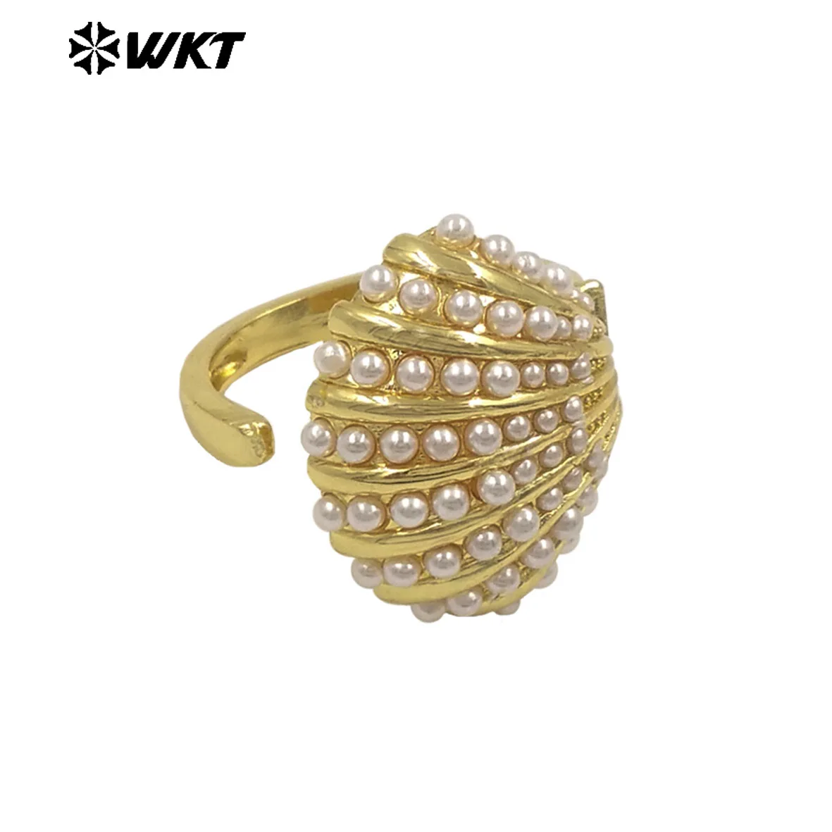 

WT-MPR163 Personality Fashion Style Shell Charms With Artificial Pearl Beads Paved Yellow Brass Women Opeaning Ring