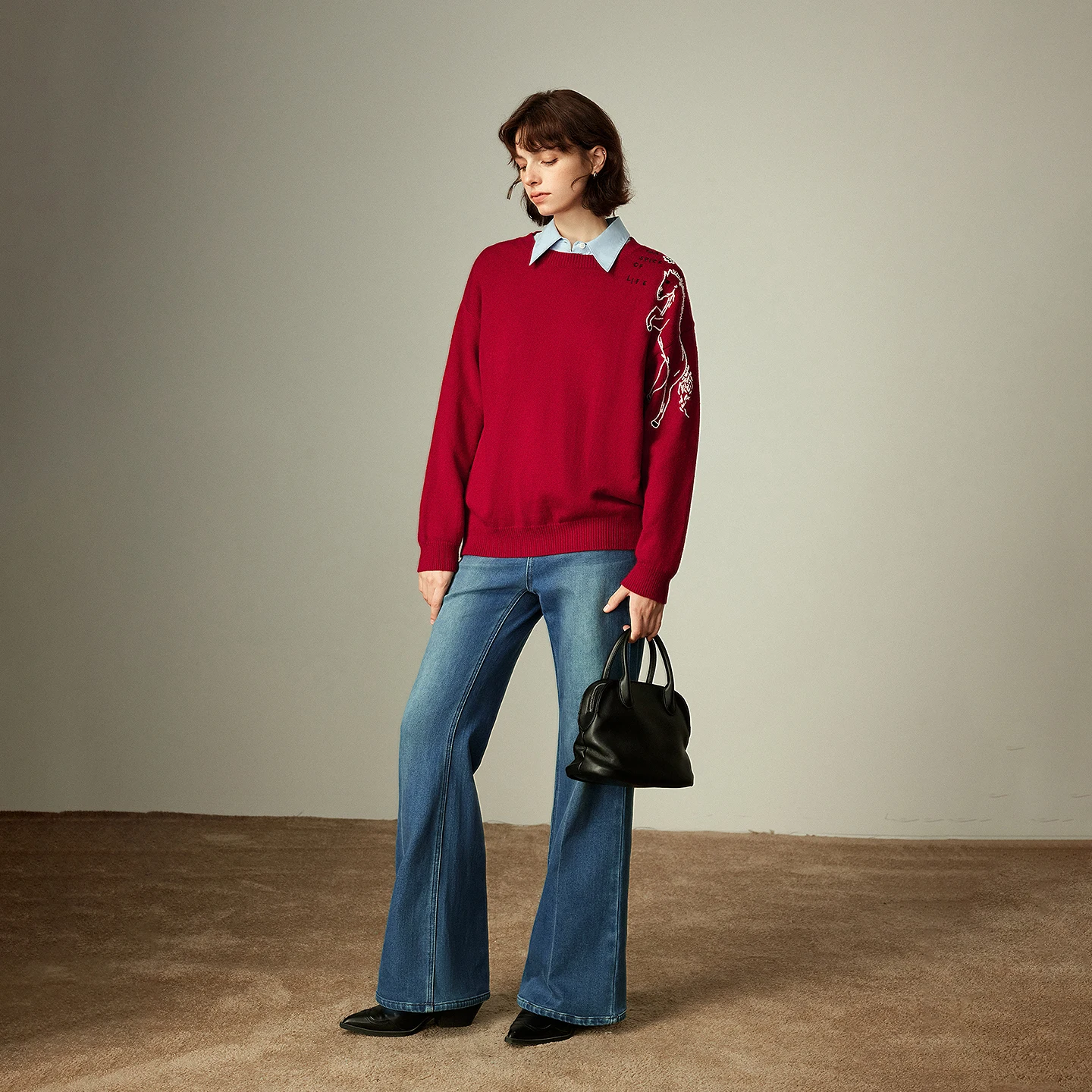 TOYOUTH Dames Arctic Fleece Dikke Trui 2025, Winter Nieuwjaar Rode Letter & Paard Borduursel Ronde Hals Top