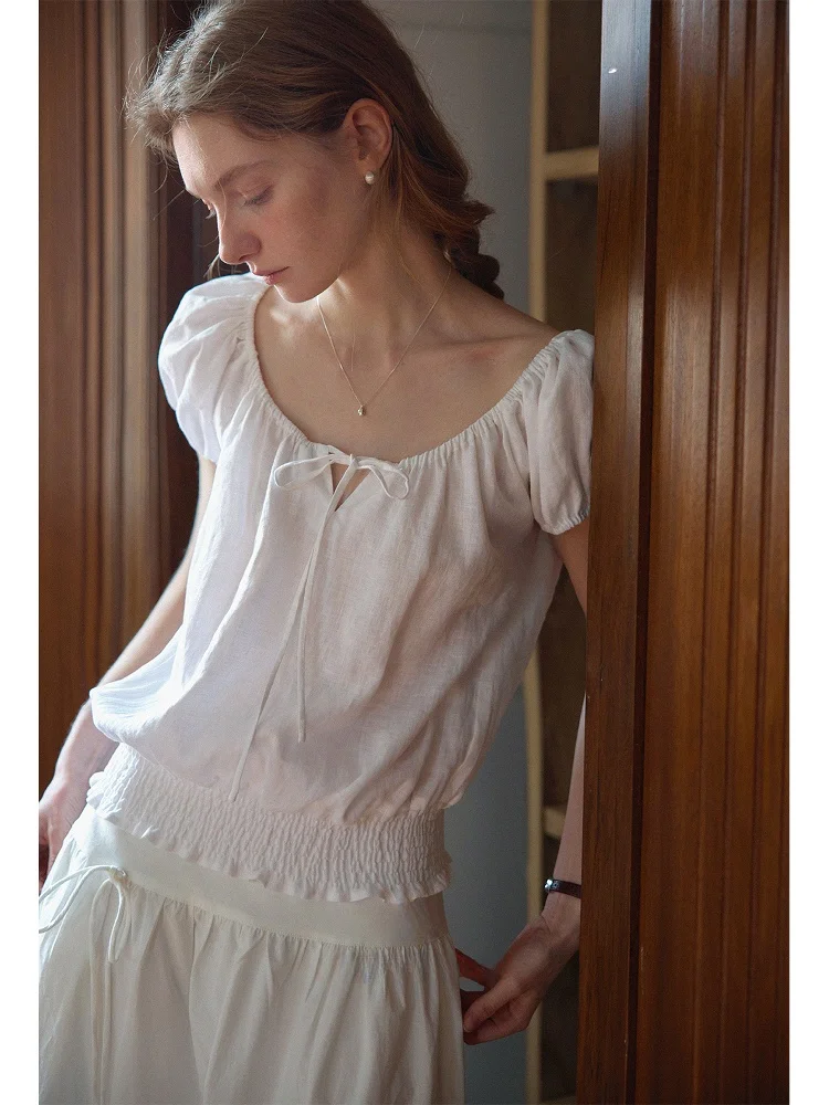 High-End Natural Raindrop Sand Washed Linen Short Sleeve T-Shirt with Knot Design by Nice People for Summer Commute Fashion