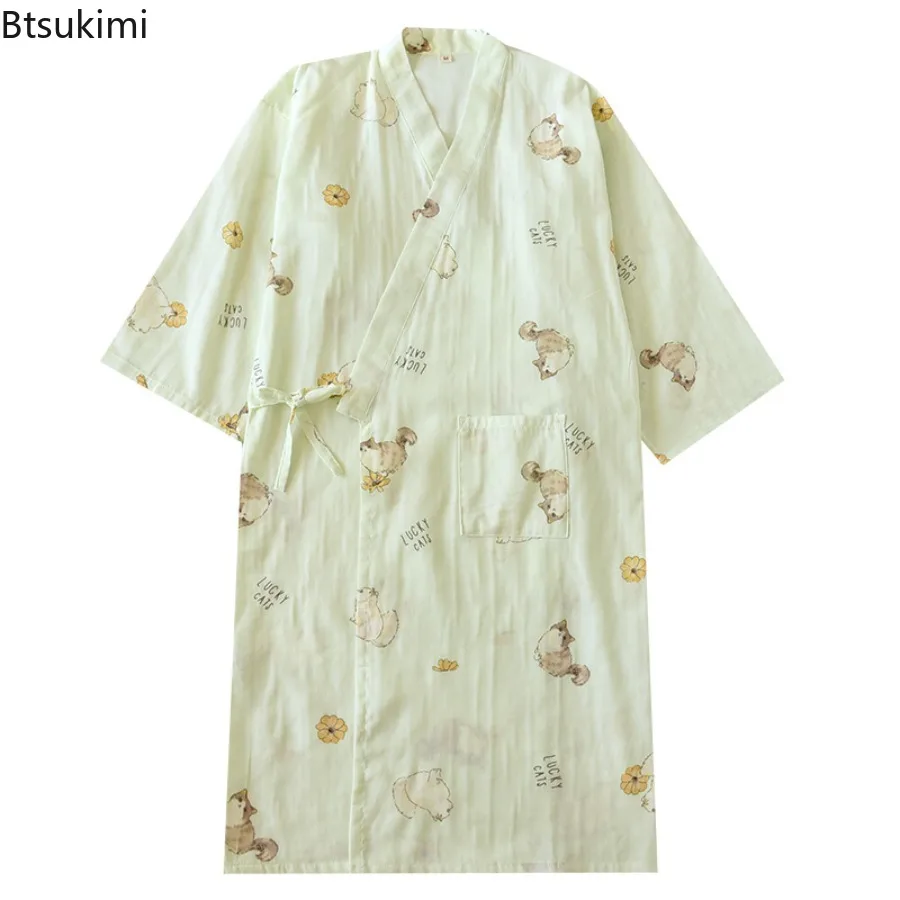 2025 Spring/Summer Women's Kimono 100% Cotton Gauze Print Pajamas Nightgown Ladies SPA Yukata Homewear Long Pajamas for Women